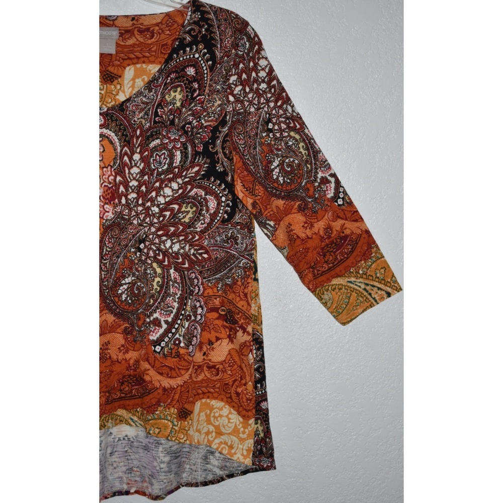 Chicos 1/Mediume Mix Print Tunic Top Multicolor Business Casual 3/4 Sleeve Vneck - Picture 8 of 15